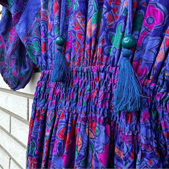 1980’s Rare Vintage Diane Freis Silk Dolman V-Neck Godet Dress Purple Abstract - Picture 2 of 11